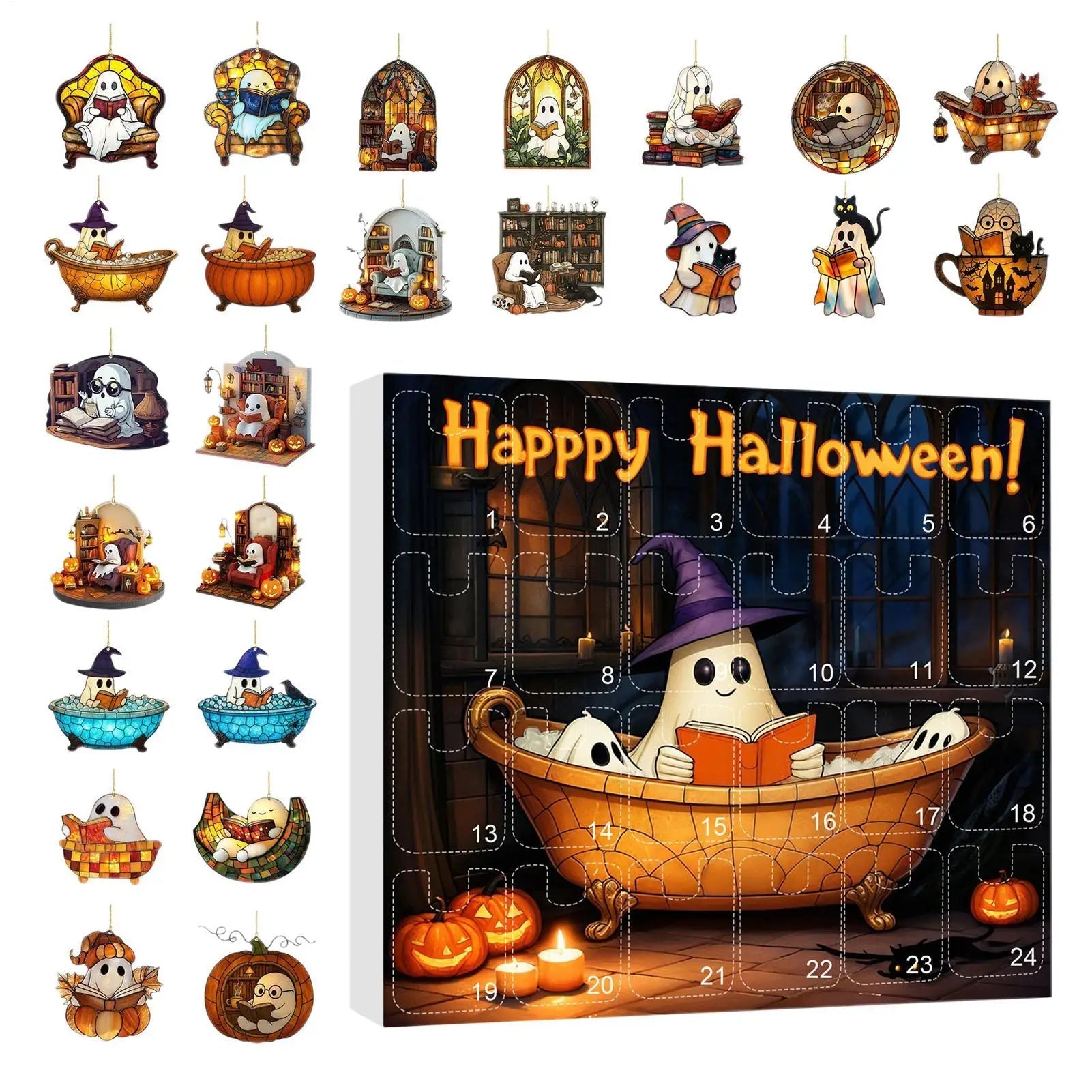 Calendrier de Compte à Rebours Halloween avec 24 Fantômes Acryliques – Décoration Halloween Intérieure et Extérieure