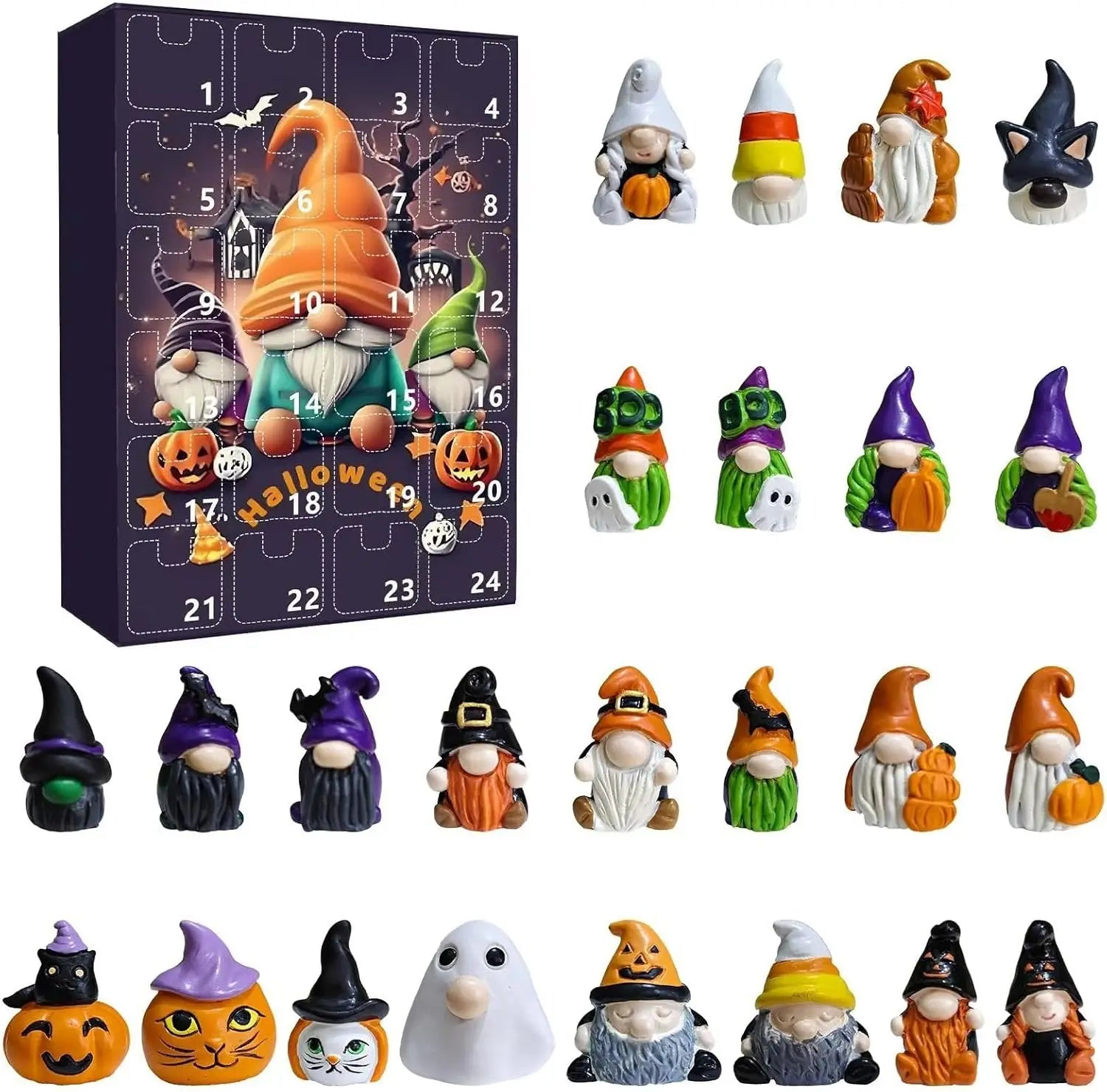 Calendrier de Compte à Rebours d'Halloween avec 24 Figurines Gnome – Décoration Halloween Festive pour Maison