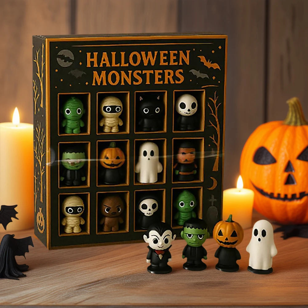 Calendrier de l'Avent Halloween 2025 avec 12 Poupées Miniatures Effrayantes en Plastique et Résine – Décoration Festive
