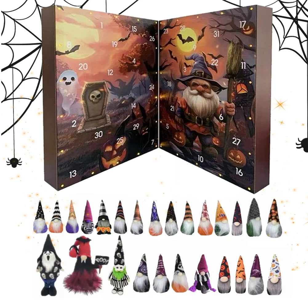 Calendrier de l'Avent Halloween Gnome à Deux Panneaux avec 24 Figurines Décoratives en Coton et Tissu Doux