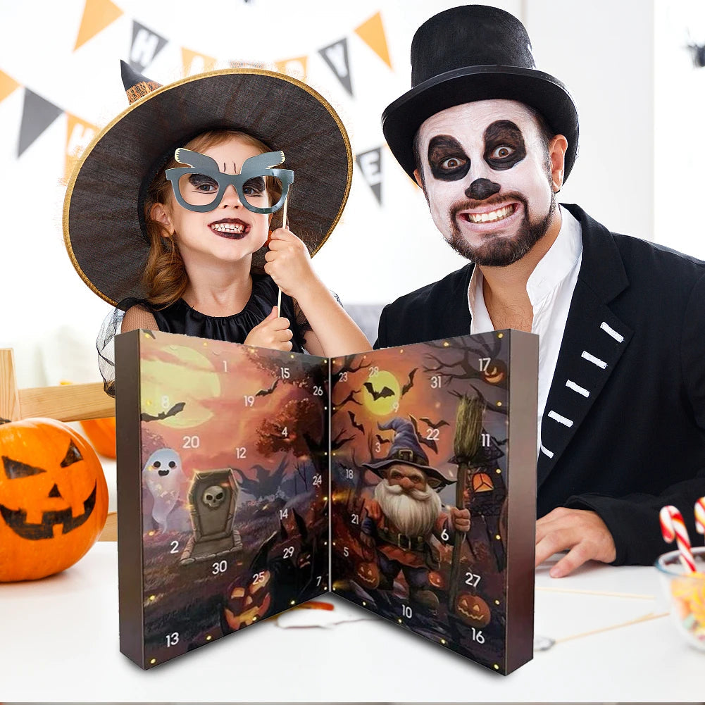Calendrier de l'Avent Halloween Gnome à Deux Panneaux avec 24 Figurines Décoratives en Coton et Tissu Doux