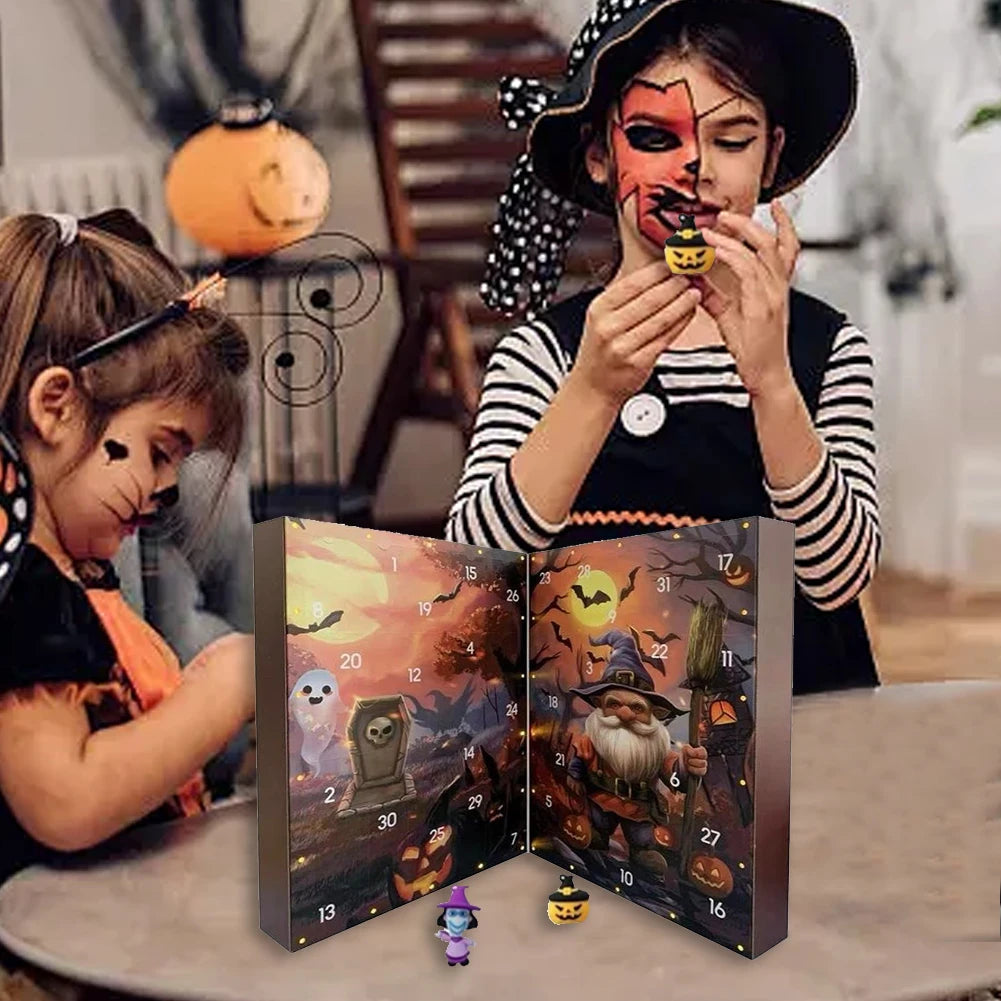 Calendrier de l'Avent Halloween Gnome à Deux Panneaux avec 24 Figurines Décoratives en Coton et Tissu Doux