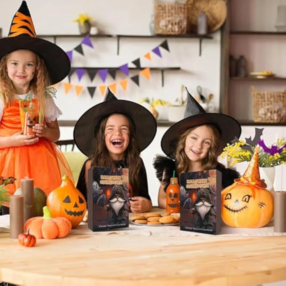 Calendrier de l'Avent Halloween Gnome à Deux Panneaux avec 24 Figurines Décoratives en Coton et Tissu Doux