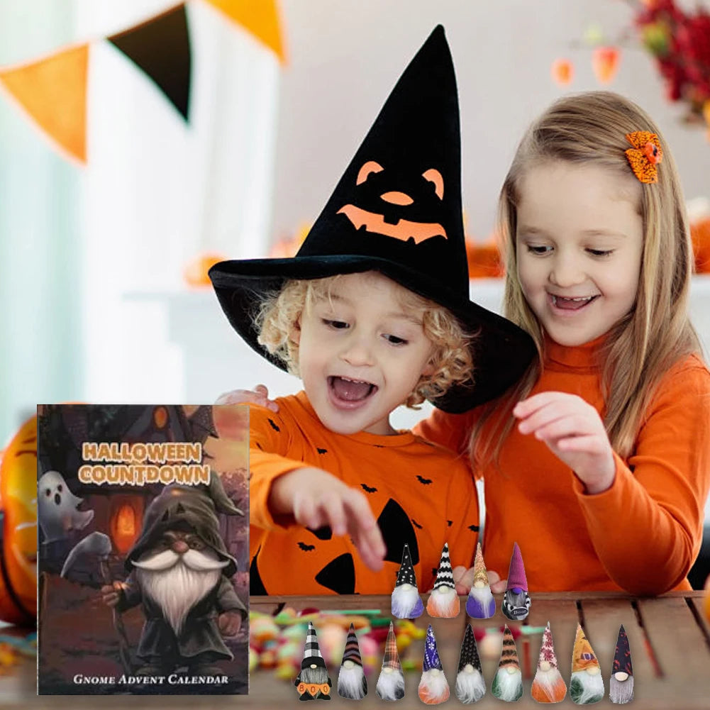Calendrier de l'Avent Halloween Gnome à Deux Panneaux avec 24 Figurines Décoratives en Coton et Tissu Doux