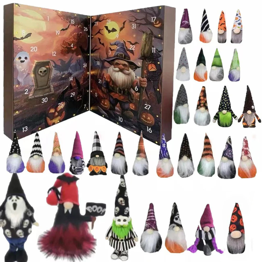 Calendrier de l'Avent Halloween Gnome à Deux Panneaux avec 24 Figurines Décoratives en Coton et Tissu Doux