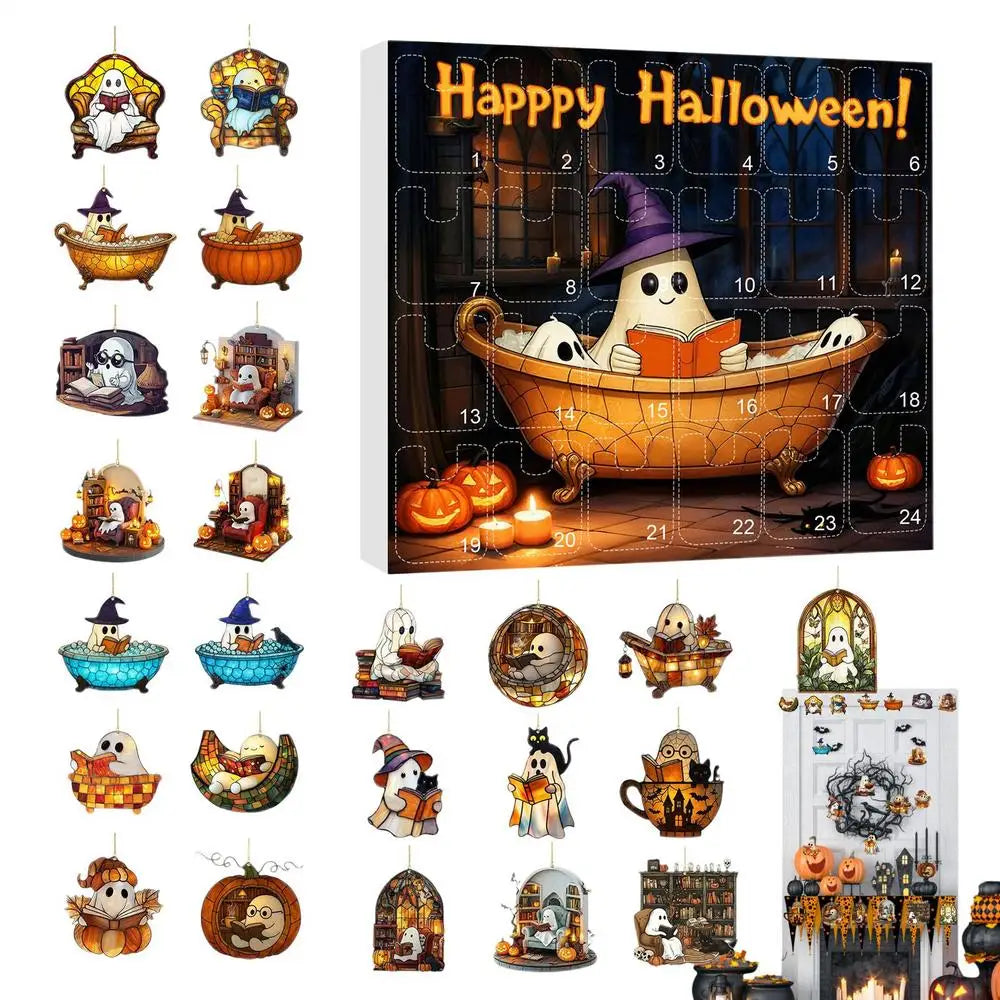 Calendrier de l'Avent Halloween avec Pendentifs Fantômes – 24 Jours de Décoration Festive