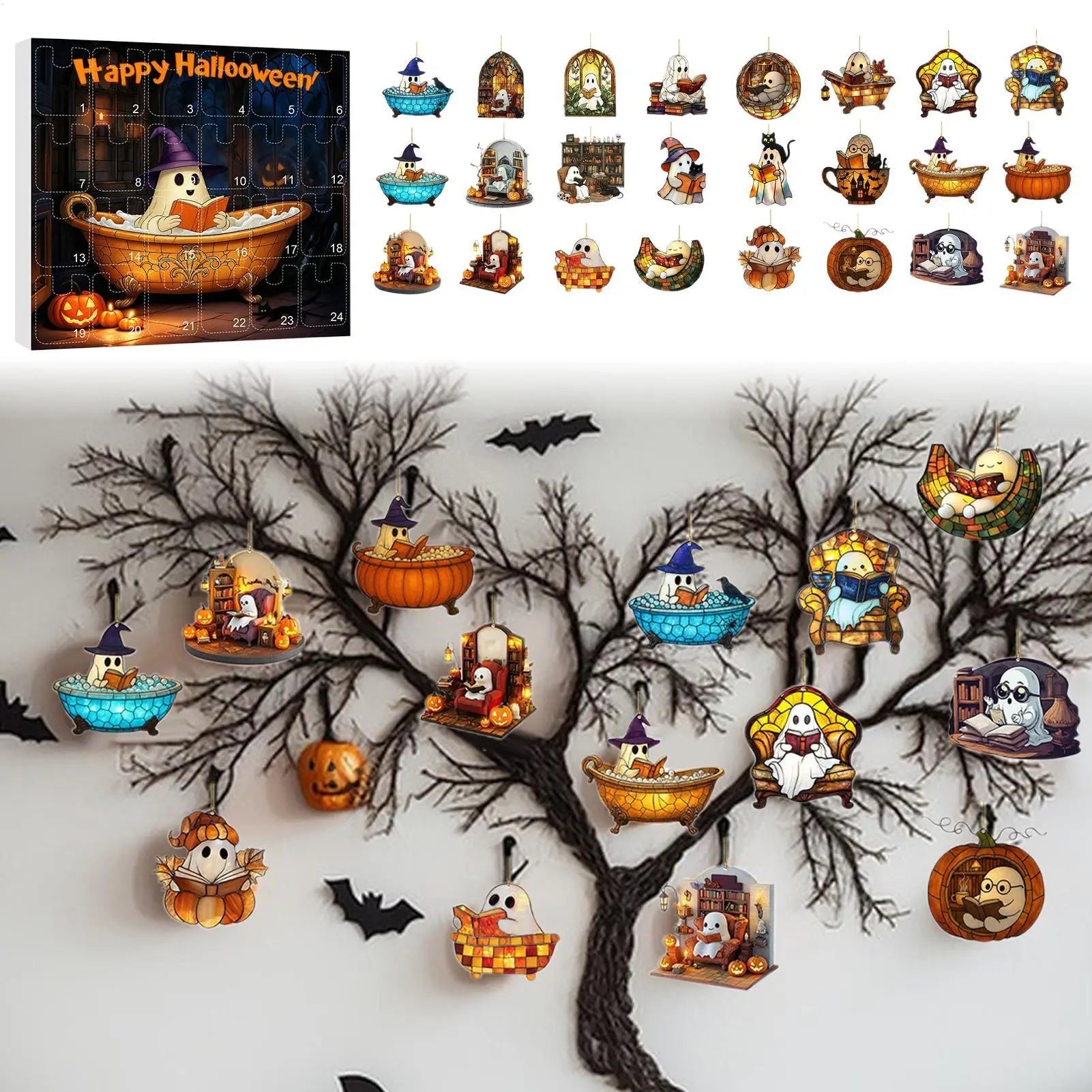 Calendrier de l'Avent Halloween avec Pendentifs Fantômes – 24 Jours de Décoration Festive