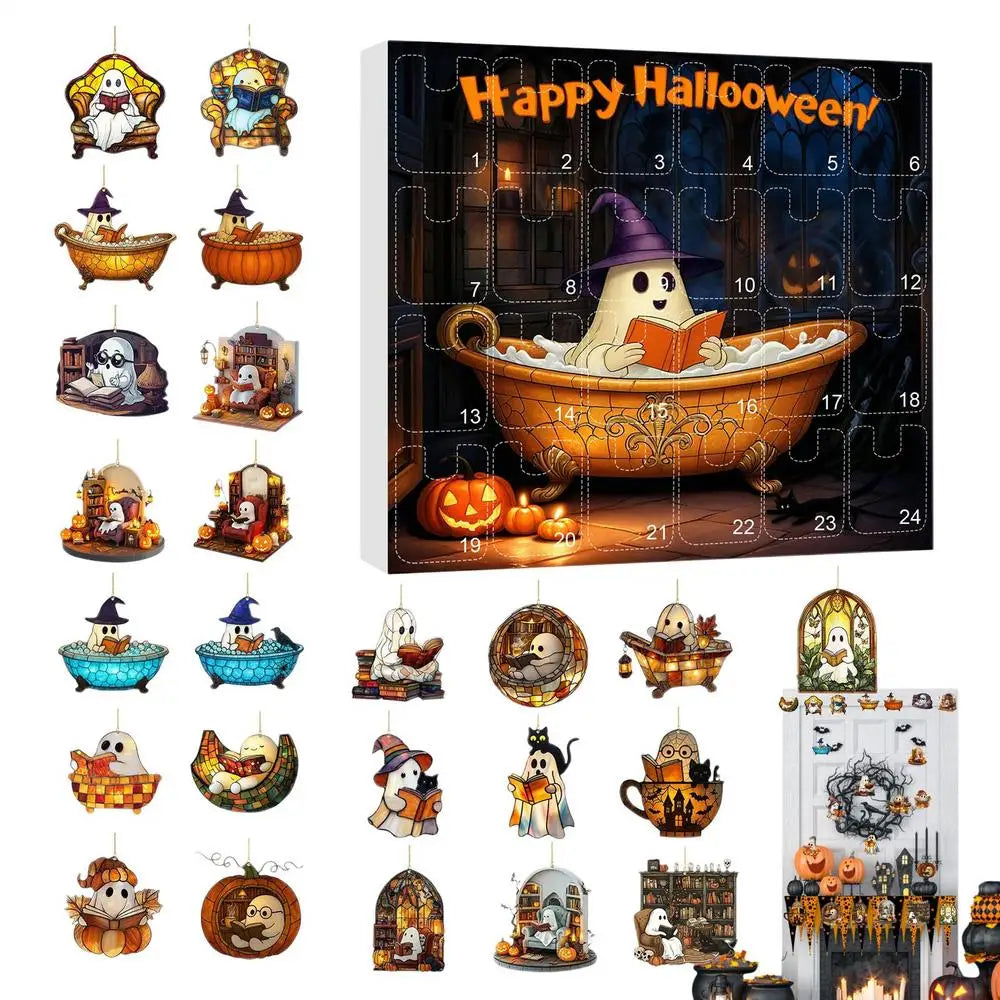 Calendrier de l'Avent Halloween avec Pendentifs Fantômes – 24 Jours de Décoration Festive