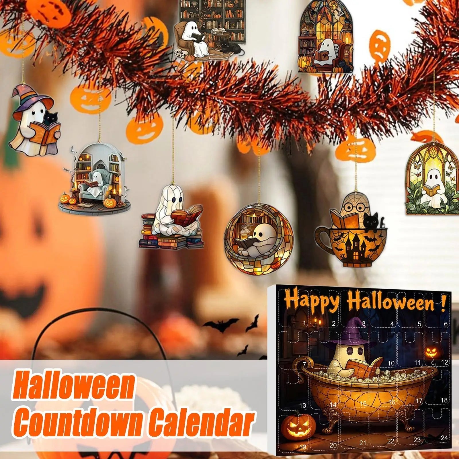Calendrier de l'Avent Halloween avec Pendentifs Fantômes – 24 Jours de Décoration Festive