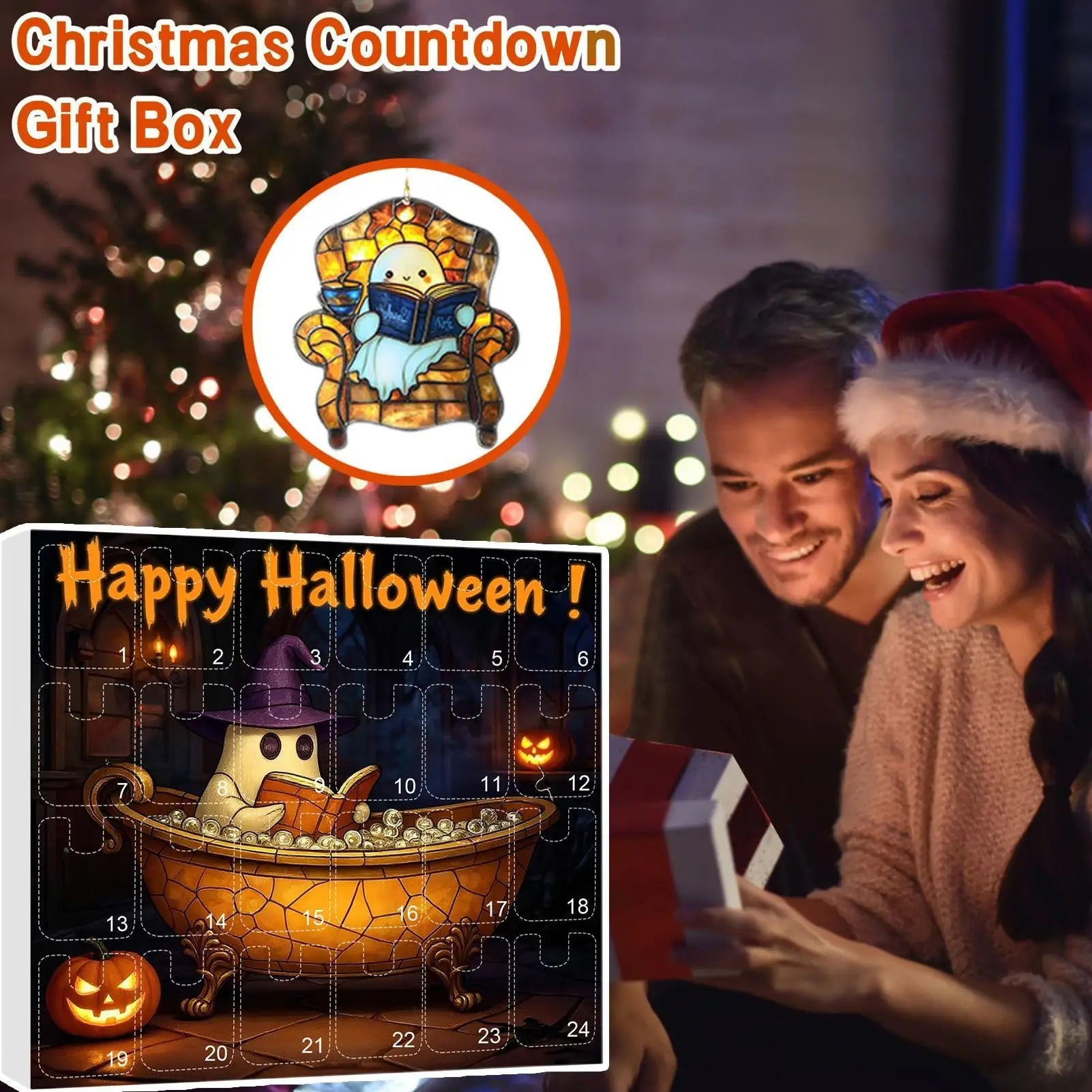 Calendrier de l'Avent Halloween avec Pendentifs Fantômes – 24 Jours de Décoration Festive
