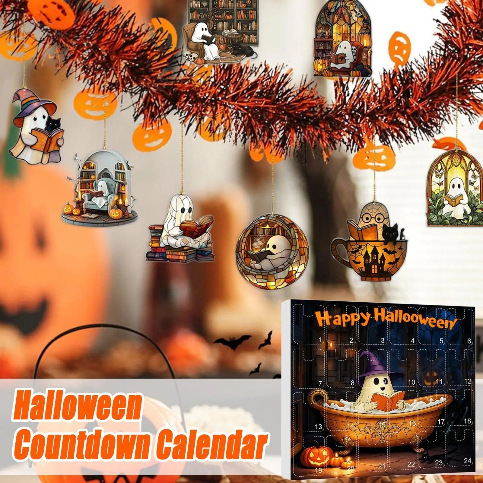 Calendrier de l'Avent Halloween avec Pendentifs Fantômes – 24 Jours de Décoration Festive