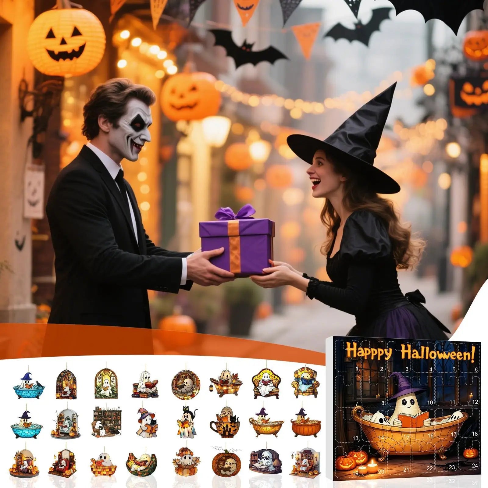 Calendrier de l'Avent Halloween avec Pendentifs Fantômes – 24 Jours de Décoration Festive