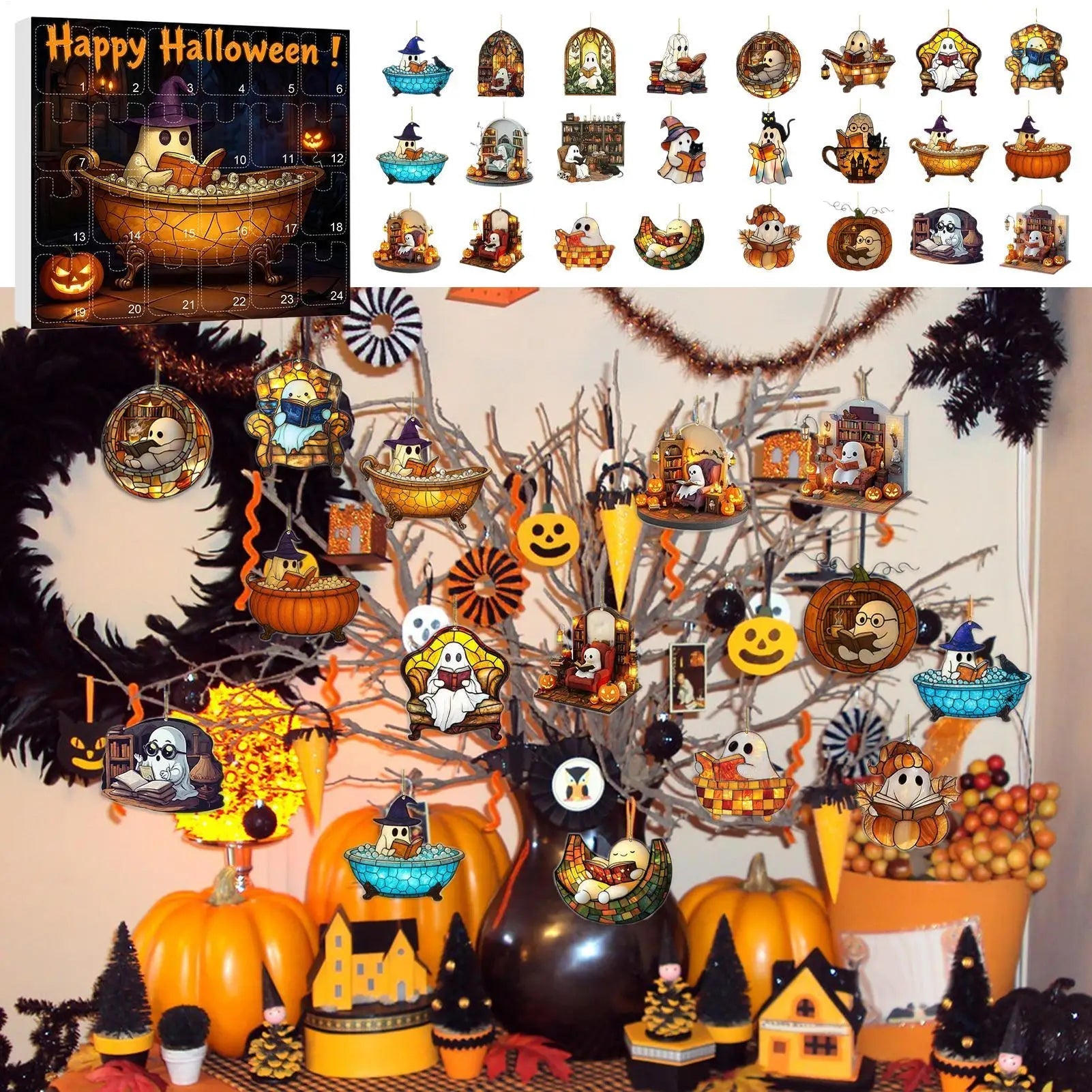 Calendrier de l'Avent Halloween avec Pendentifs Fantômes – 24 Jours de Décoration Festive