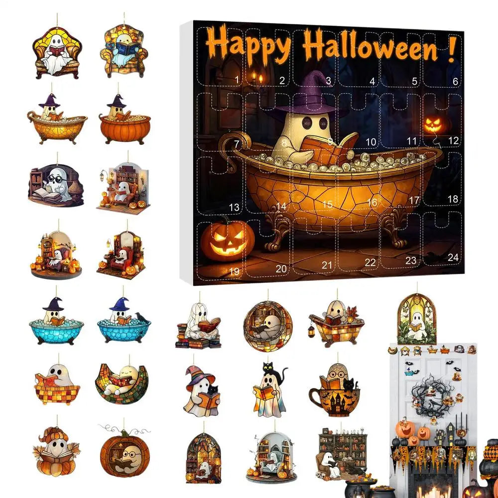 Calendrier de l'Avent Halloween avec Pendentifs Fantômes – 24 Jours de Décoration Festive