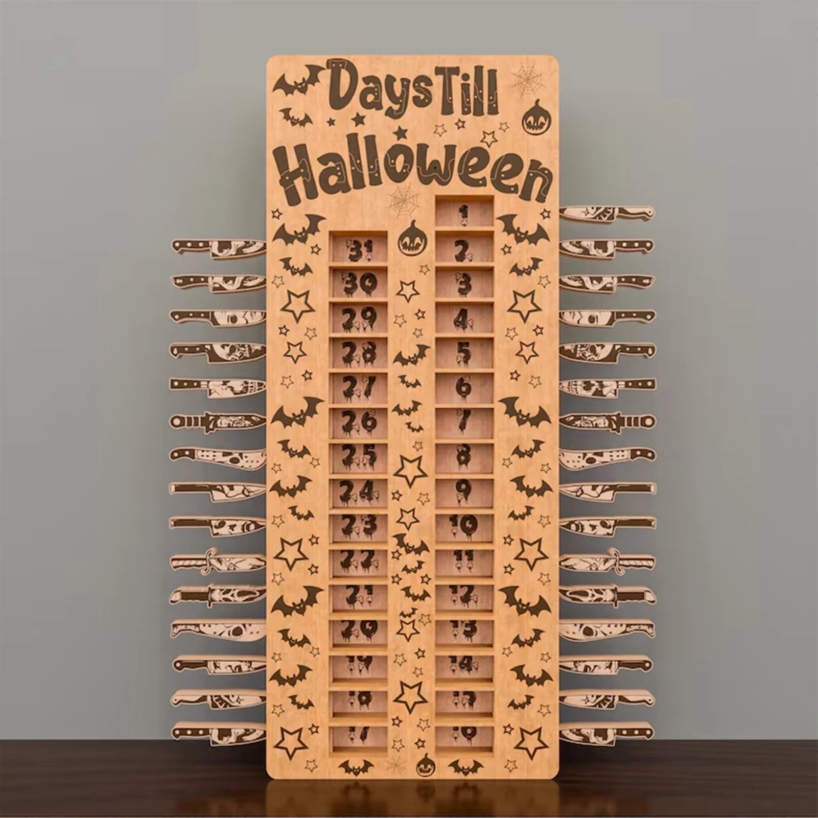 Calendrier de l'Avent Halloween en Bois avec 31 Compartiments Décoratifs