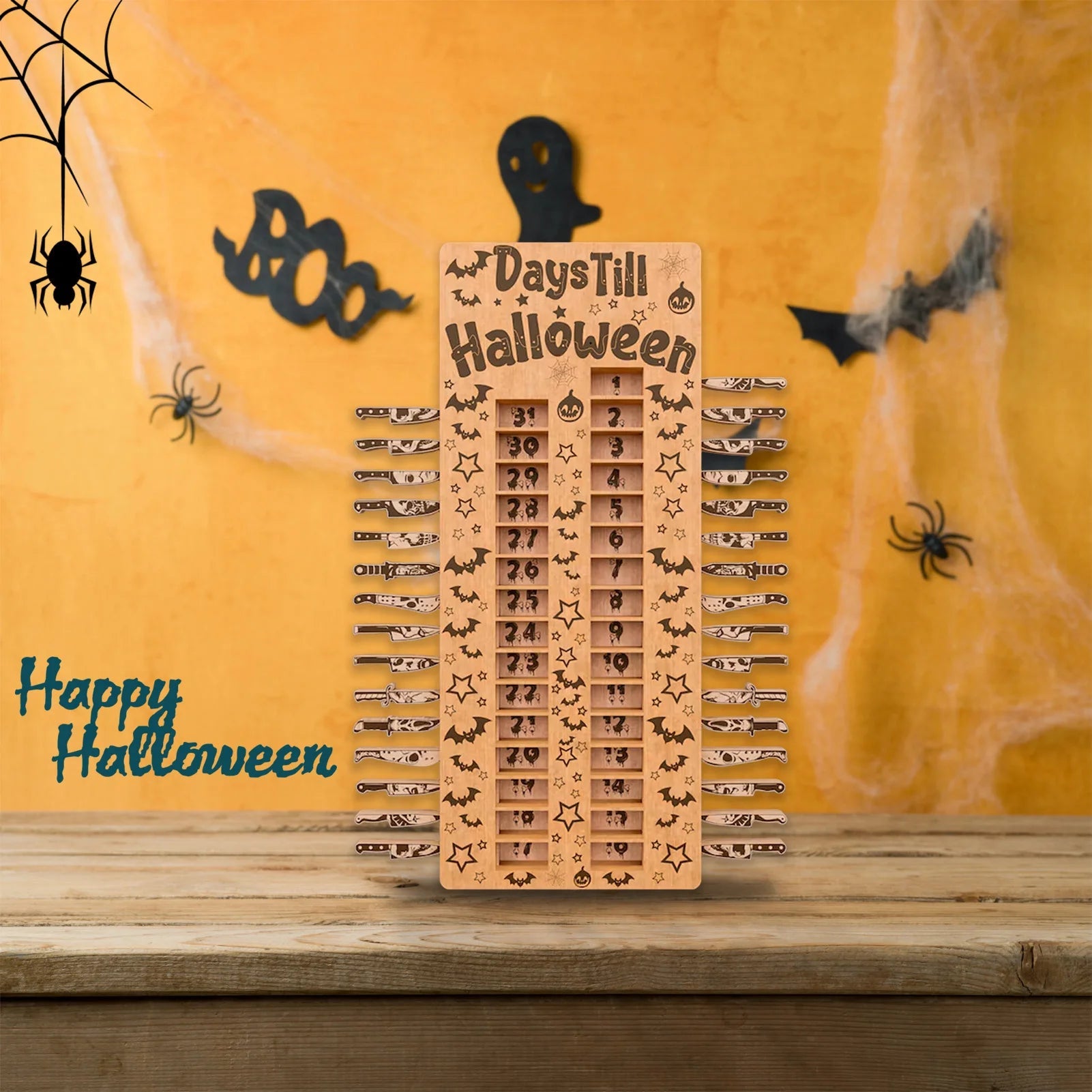 Calendrier de l'Avent Halloween en Bois avec 31 Compartiments Décoratifs