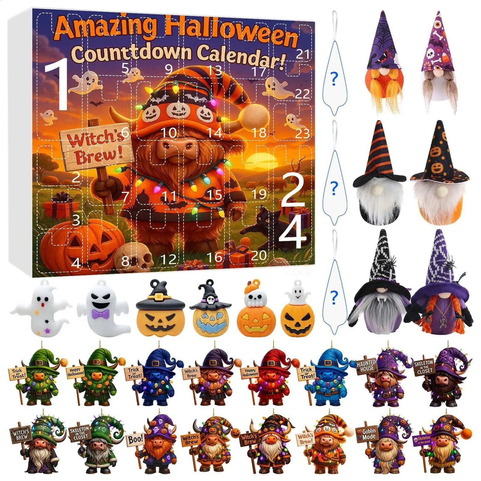 Calendrier de l'Avent Halloween en Peluche avec Gnome – Compte à Rebours Festif de 24 Jours avec Fantômes et Citrouilles