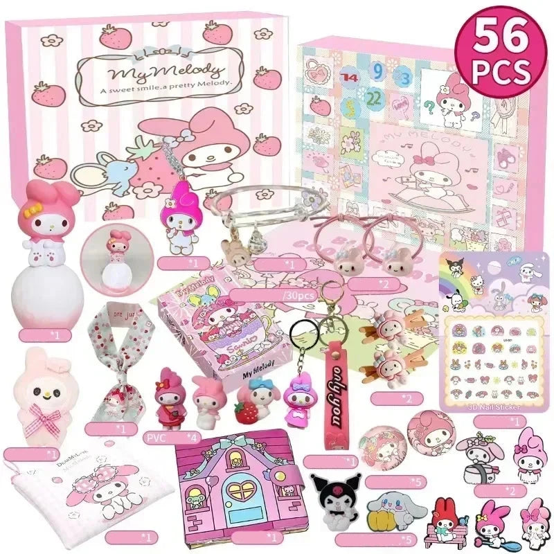 Calendrier de l'Avent Kawaii avec 24 Figurines et Porte-clés Hello Kitty et Kuromi - Cadeau de Noël Pour Enfants
