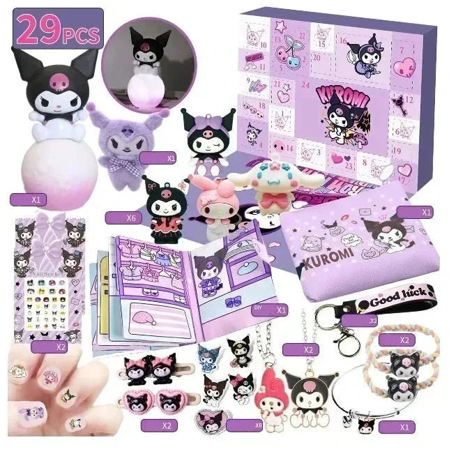 Calendrier de l'Avent Kawaii avec 24 Figurines et Porte-clés Hello Kitty et Kuromi - Cadeau de Noël Pour Enfants