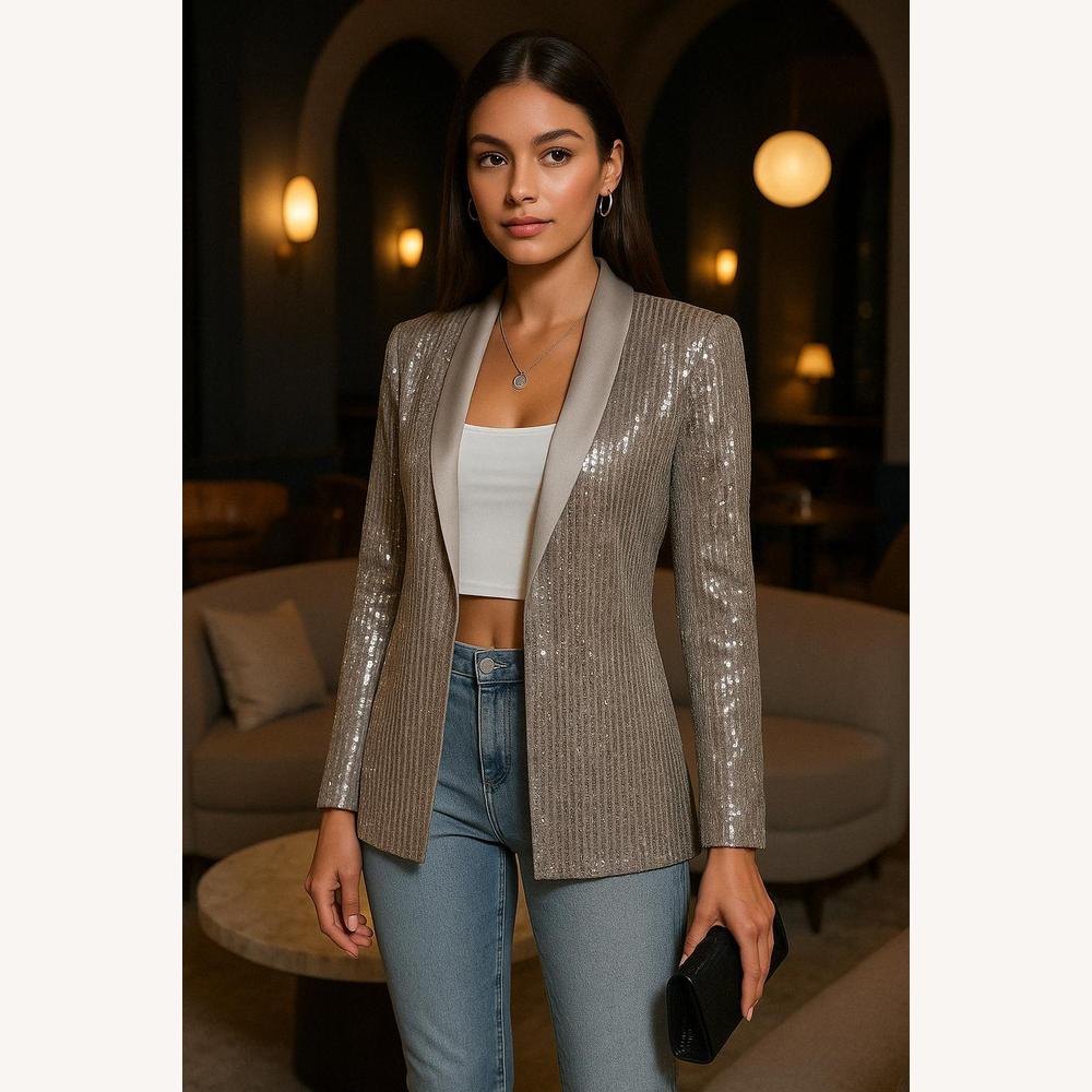 Blazer Femme Léger à Sequins Gris – Élégant et Chic pour Soirées Festives, Coupe Structurée, Disponible en S, M, L, XL