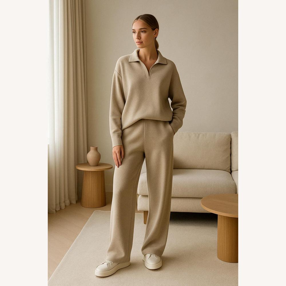 Ensemble Tailleur Femme Chic en Acrylique – Haut Col Polo Oversize et Pantalon Ample, Confort Élégant pour Automne et Hiver