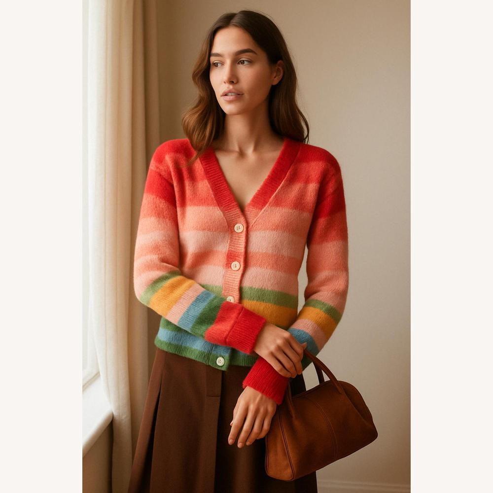 Gilet Sans Manche Femme Rayé Multicolore en Mohair – Col en V Décontracté et Confortable