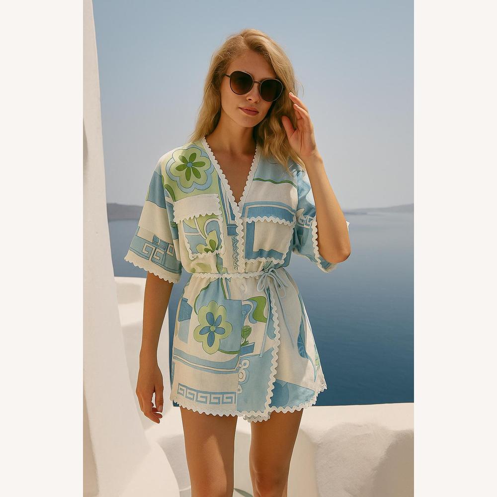 Ensemble pour Femme Été Patchwork Bohème Chic – Chemise Ample et Short Effet Portefeuille en Coton Léger