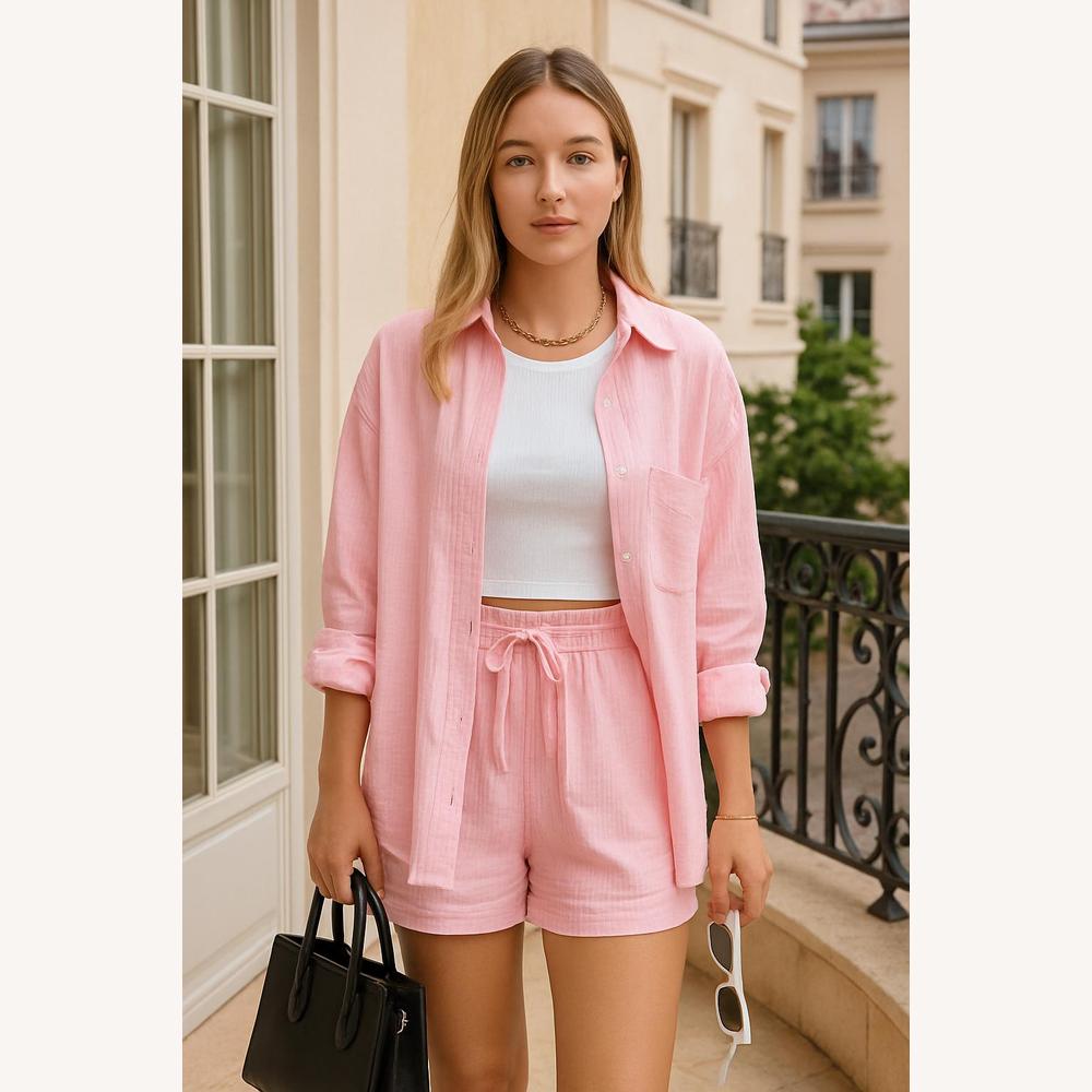 Ensemble Décontracté Femme 3 Pièces en Coton Gaze – Chemise, Débardeur Court et Short Élastique, Style Minimaliste