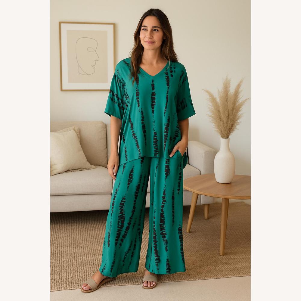 Ensemble Décontracté Femme Imprimé Abstrait – Haut Ample et Pantalon Fluide en Polyester pour Sport et Détente