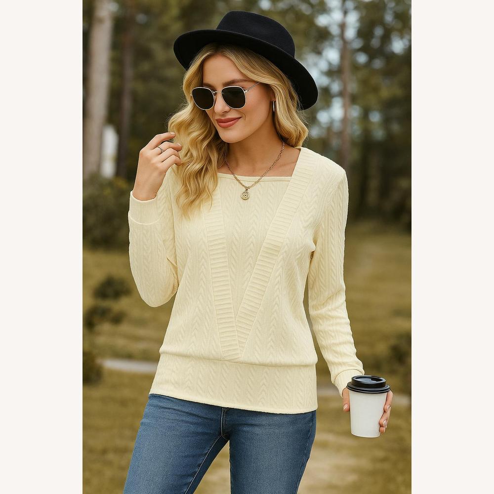 Pull Femme Tricoté Texturé avec Col Carré et Manches Longues – Chic et Confortable pour un Style Décontracté
