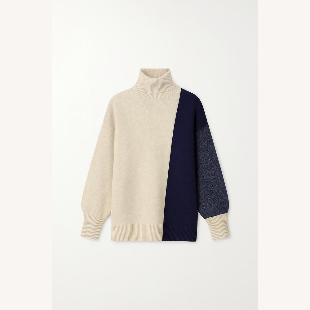 Pull Femme Col Roulé Color Block Douillet en Maille – Chic et Moderne, Coupe Décontractée, Parfait pour le Bureau ou Sorties Casual