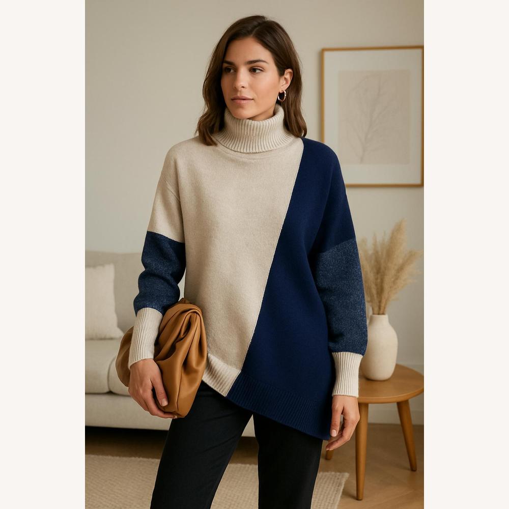 Pull Femme Col Roulé Color Block Douillet en Maille – Chic et Moderne pour un Style Décontracté