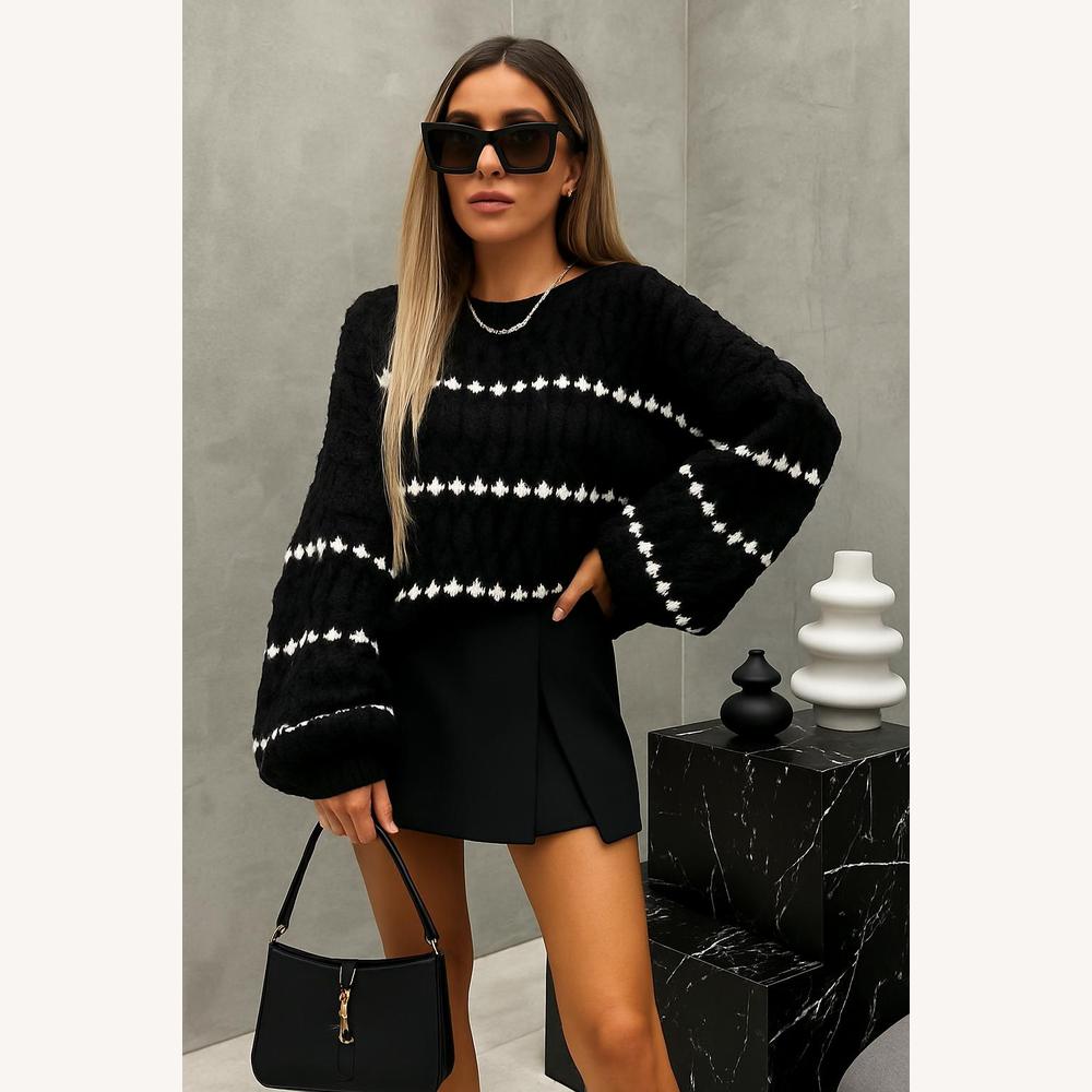 Pull Femme Oversize en Maille Épaisse Noir et Blanc – Confortable et Tendance, Idéal pour les Jours Frais