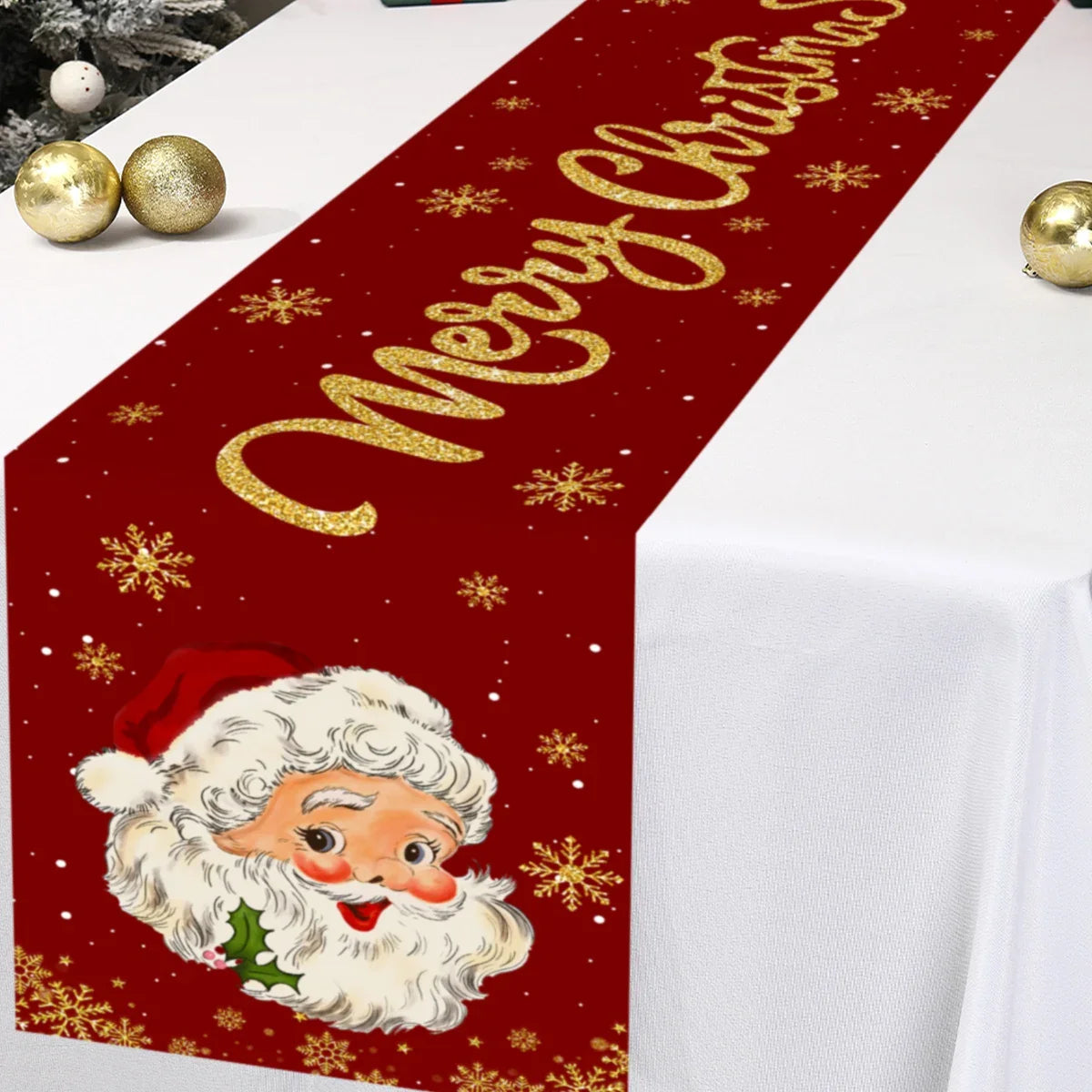 Red Christmas Table Runner in Polyester with Santa Claus Pattern – Festive Decoration 30 cm x 150 cm for Year-End Parties