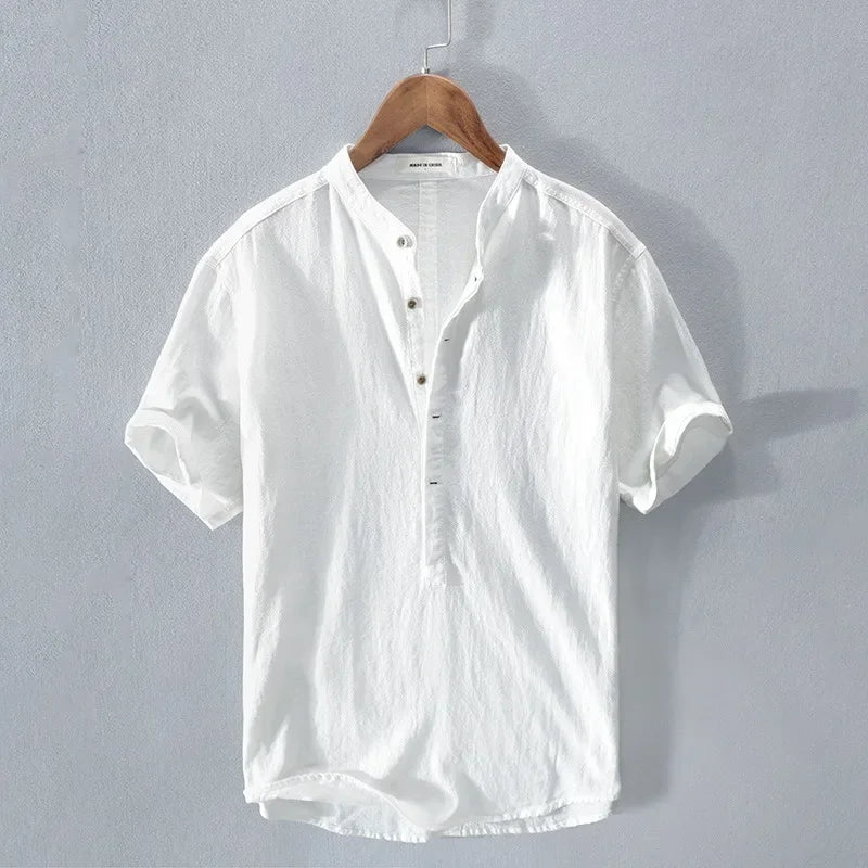 Loose Cotton and Linen Breathable Shirt with Short Sleeves and Semi-Open Collar