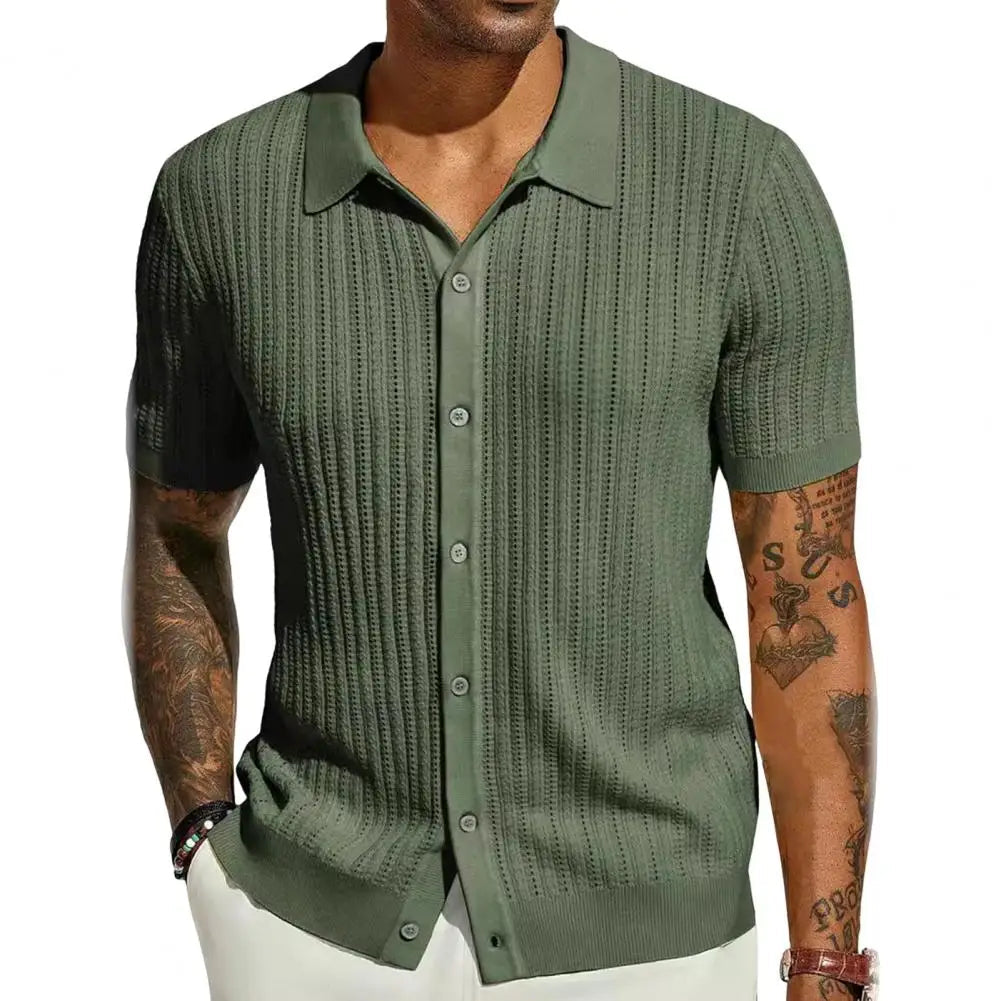 Short Sleeve Knitted Cardigan Shirt for Men – Breathable Large Size Beach Top