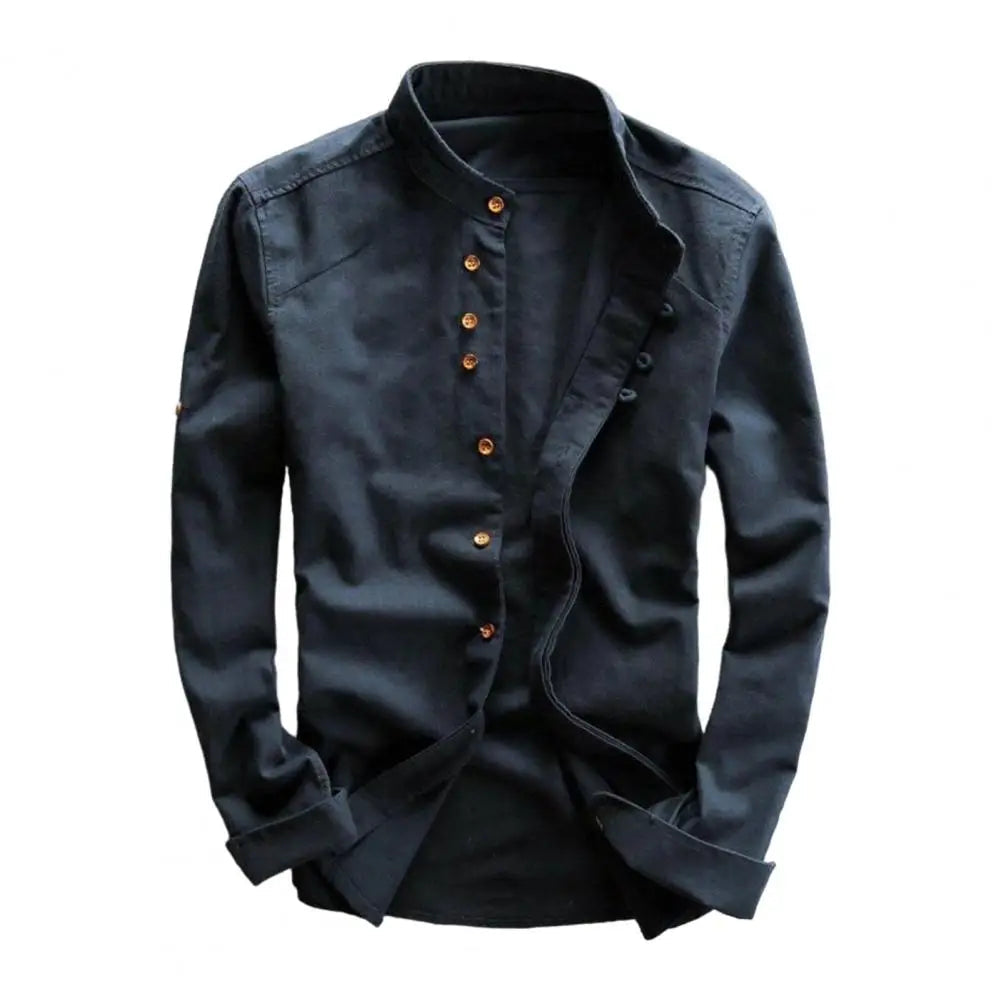 Casual Long Sleeve Shirt for Men - Stand Collar and Fitted Design