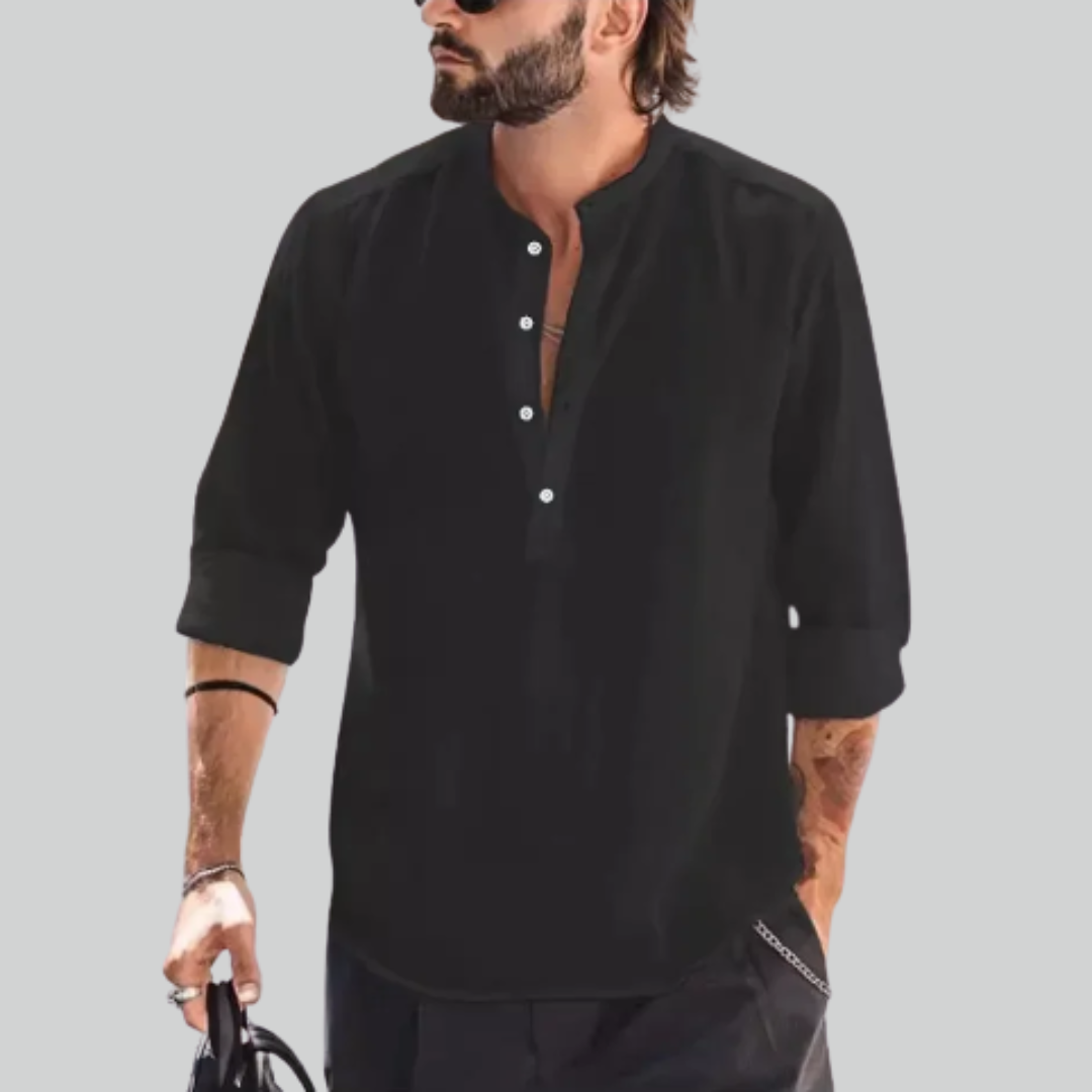 Casual Shirt in Cotton and Linen with Henry Collar and Long Sleeves – Loose Top