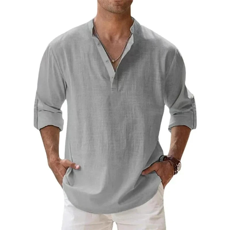 Lightweight Henley Shirt with Long Sleeves for Men – Breathable Cotton and Linen