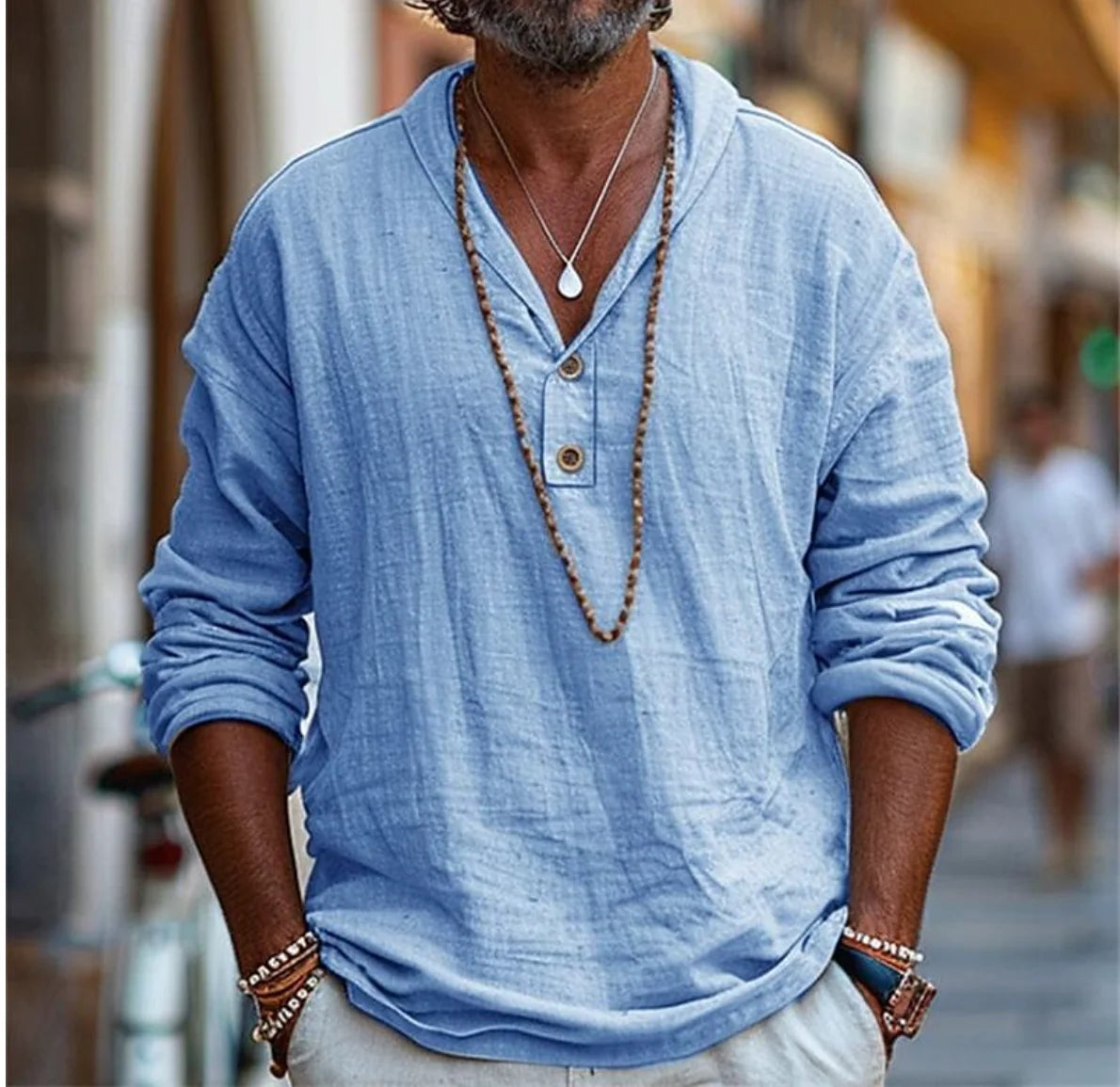 Summer Shirt in Cotton and Linen with Long Sleeves - Casual Buttoned Top for the Beach