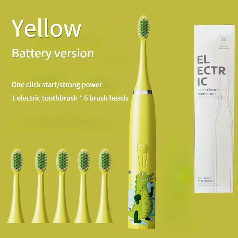 Children's Electric Toothbrush with 5 Replacement Heads – Cartoon Design, Ultrasonic Cleaning, IPX7 Waterproof