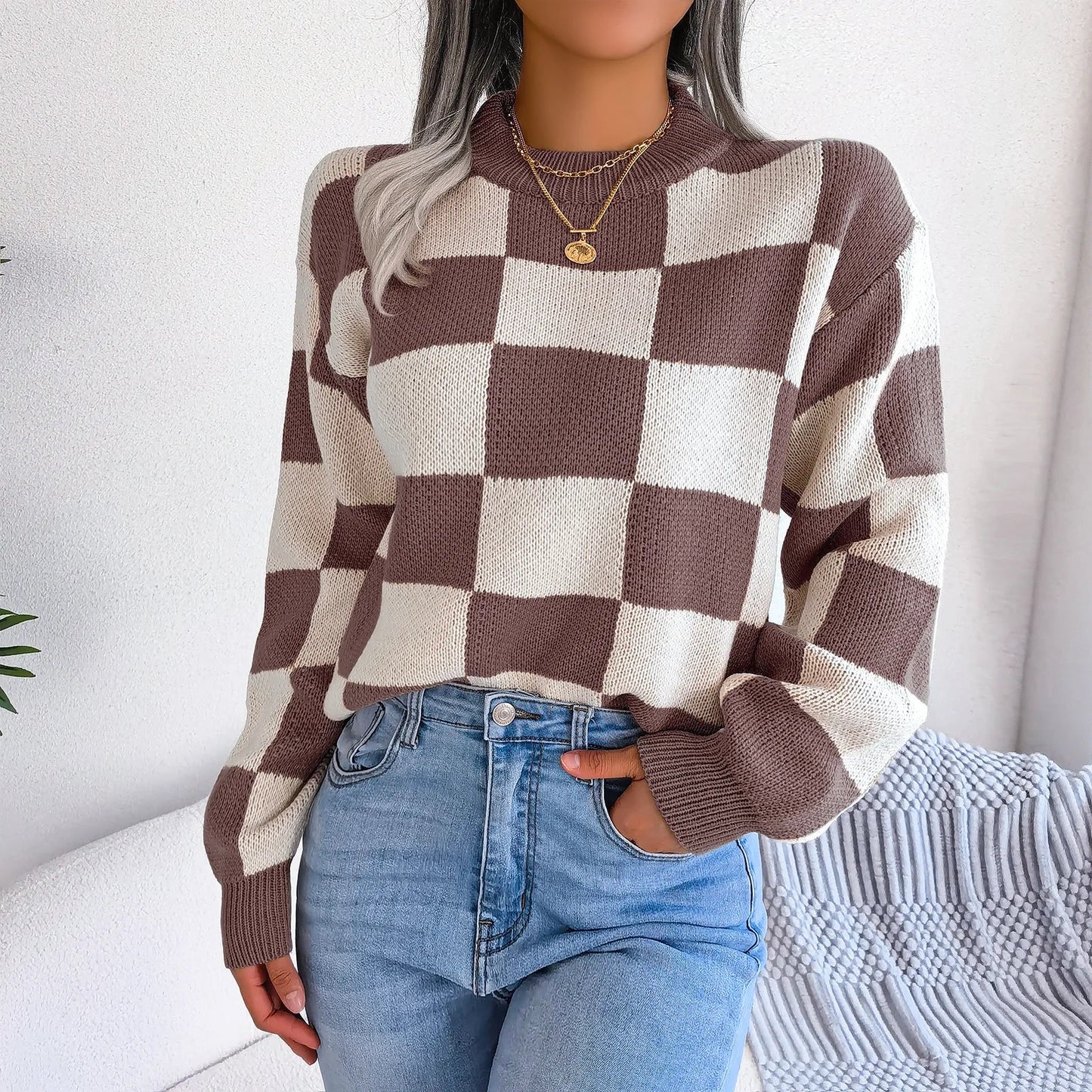 Coco Knit Sweater | Oversized Checkered Design