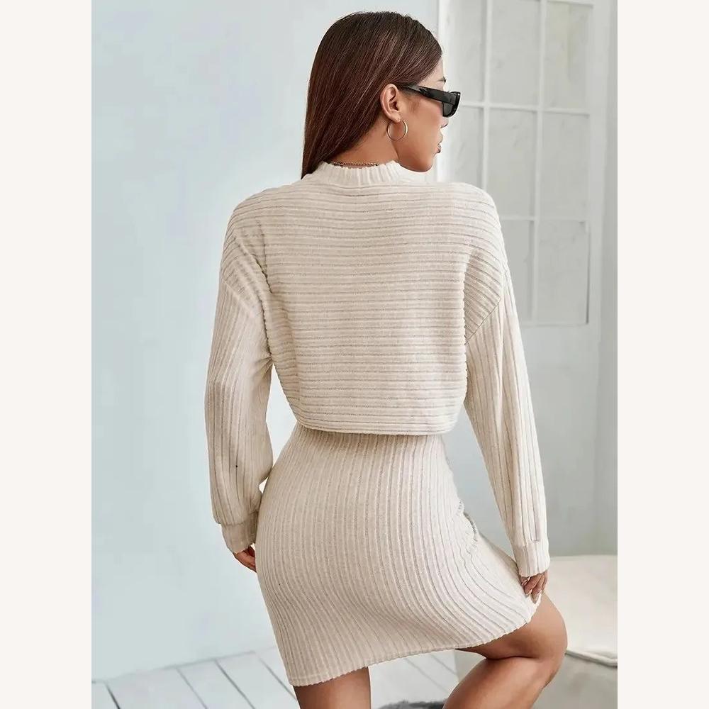 Robe Pull Femme Côtelée Beige, Douce et Moulante en Maille, Effet Deux Pièces, Col Montant, Manches Longues, Taille XS à L