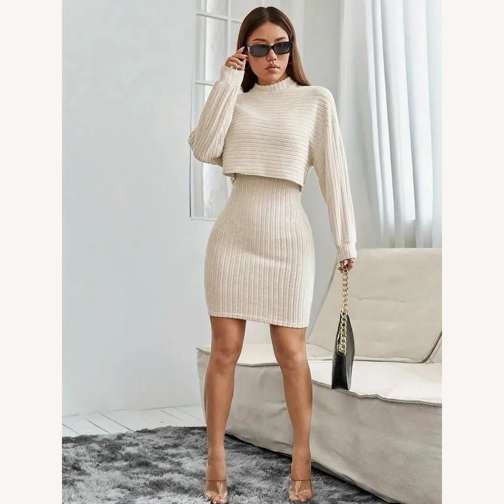 Robe Pull Femme Côtelée Beige, Douce et Moulante en Maille, Effet Deux Pièces, Col Montant, Manches Longues, Taille XS à L
