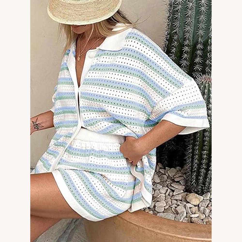 Variant image for Ensemble Femme Décontracté en Maille Rayé avec Chemise Boutonnée et Short Élastique – Confort Léger pour l'Été-4