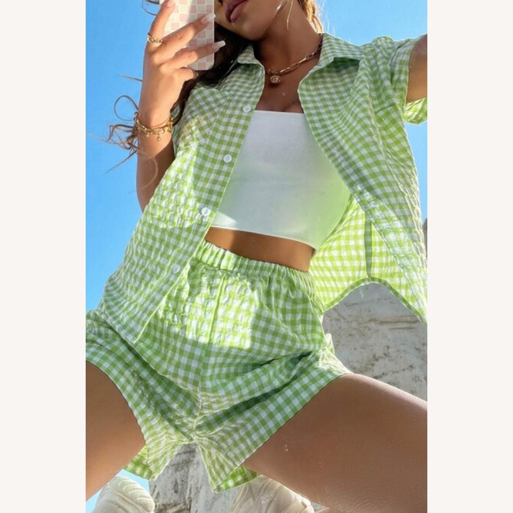 Ensemble Femme Vichy Deux Pièces – Chemise Ample et Short Élastique en Coton Léger pour l'Été