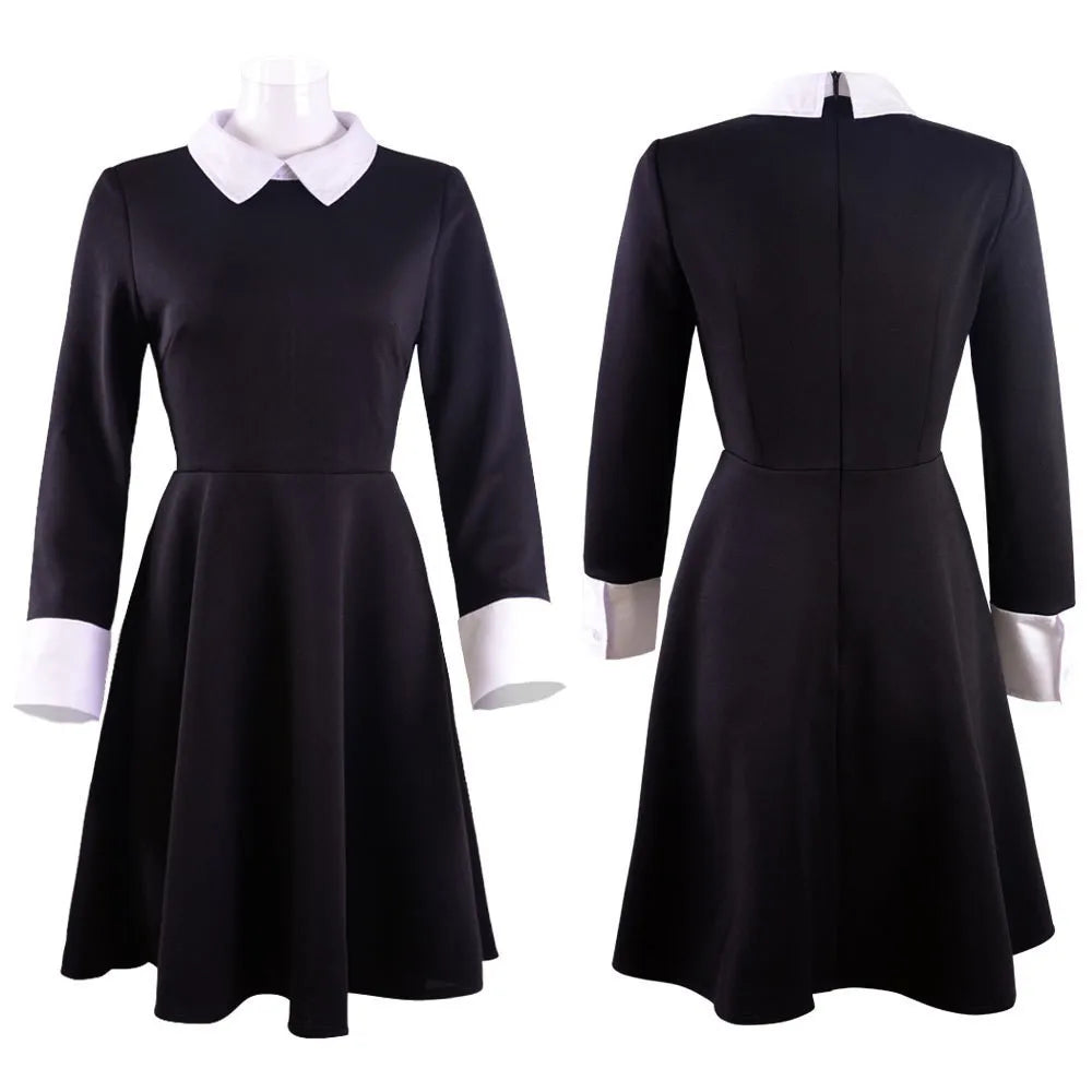 Costume Gothique Noir pour Halloween 2025 – Robe avec Col Blanc et Silhouette Élégante