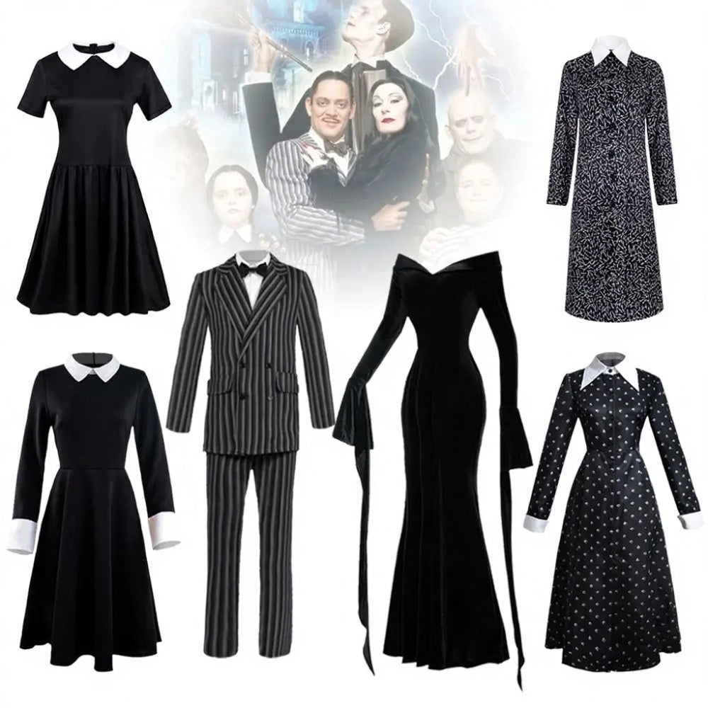 Costume Gothique Noir pour Halloween 2025 – Robe avec Col Blanc et Silhouette Élégante