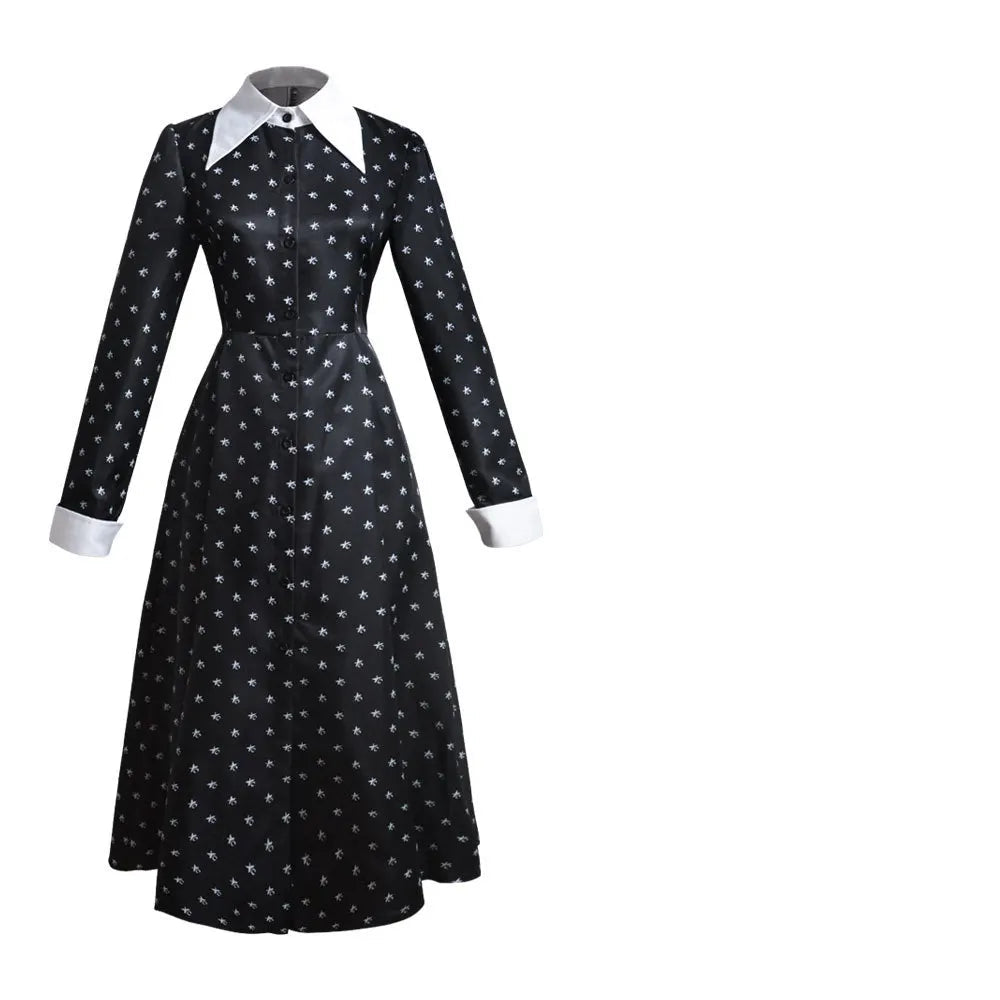Costume Gothique Noir pour Halloween 2025 – Robe avec Col Blanc et Silhouette Élégante
