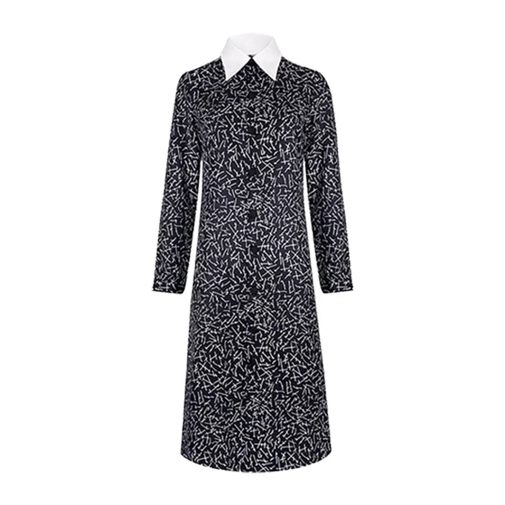 Costume Gothique Noir pour Halloween 2025 – Robe avec Col Blanc et Silhouette Élégante